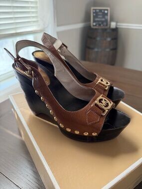 Michael Kors Brown Peep-Toe Heels with Gold MK Accent